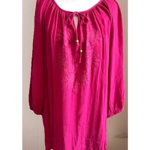 C & C Womens Pink Blouse 1X Tunic Embroidery BOHO Lightweight Resort 3/4 Sleeve